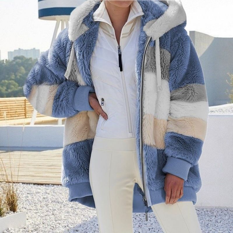 Women's Clothing autumn and winter warm plush patchwork zipper pocket hooded loose coat _autovado.com
