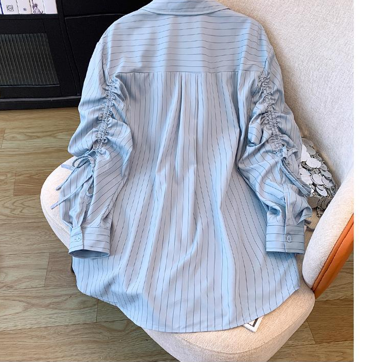 n mid-length striped blouse waist shirt slim chic top_autovado.com