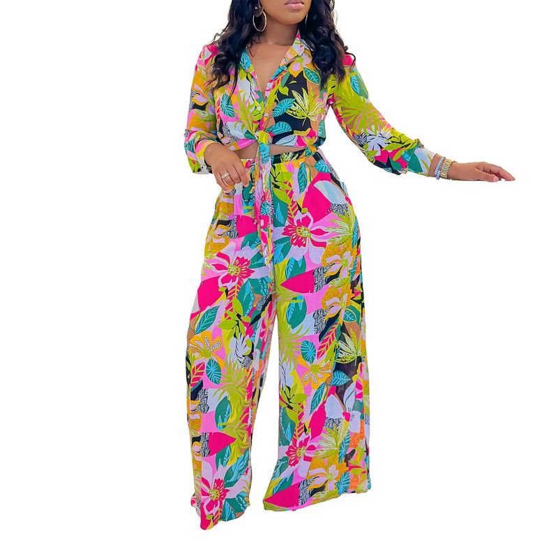 Women's Fashion Print Two-piece Suit Lapel Tie Shirt Wide Leg Pants Suit_autovado.com