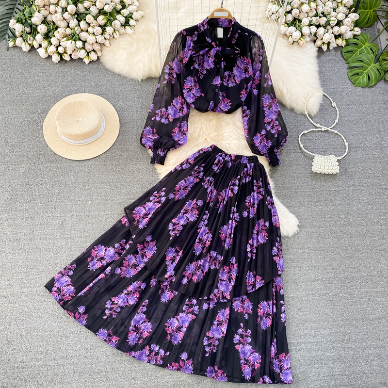 Women's Clothing light mature style, lantern long sleeves, bowknot, loose printed chiffon shirt, two-piece suit, high waist skirt_autovado.com