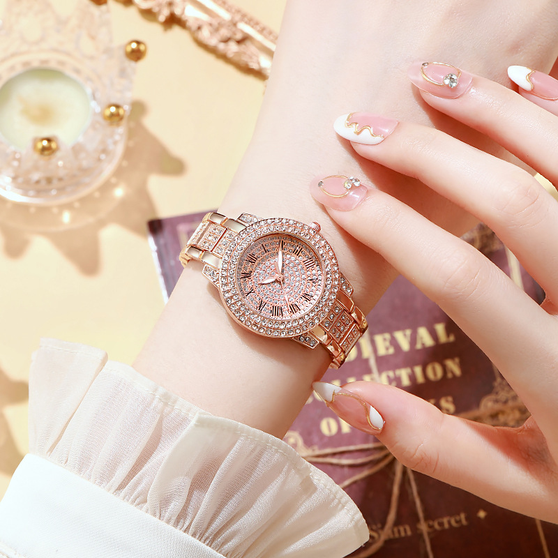 Electronic watches women's niche high-end diamond quartz watch student rose gold Roman pattern full of diamond women's watch_autovado.com