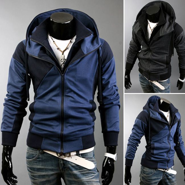 Men's Clothing Autumn and Winter New Men's Personality Colorblock Double Zipper Hooded Cardigan Slim Sweater 702_autovado.com