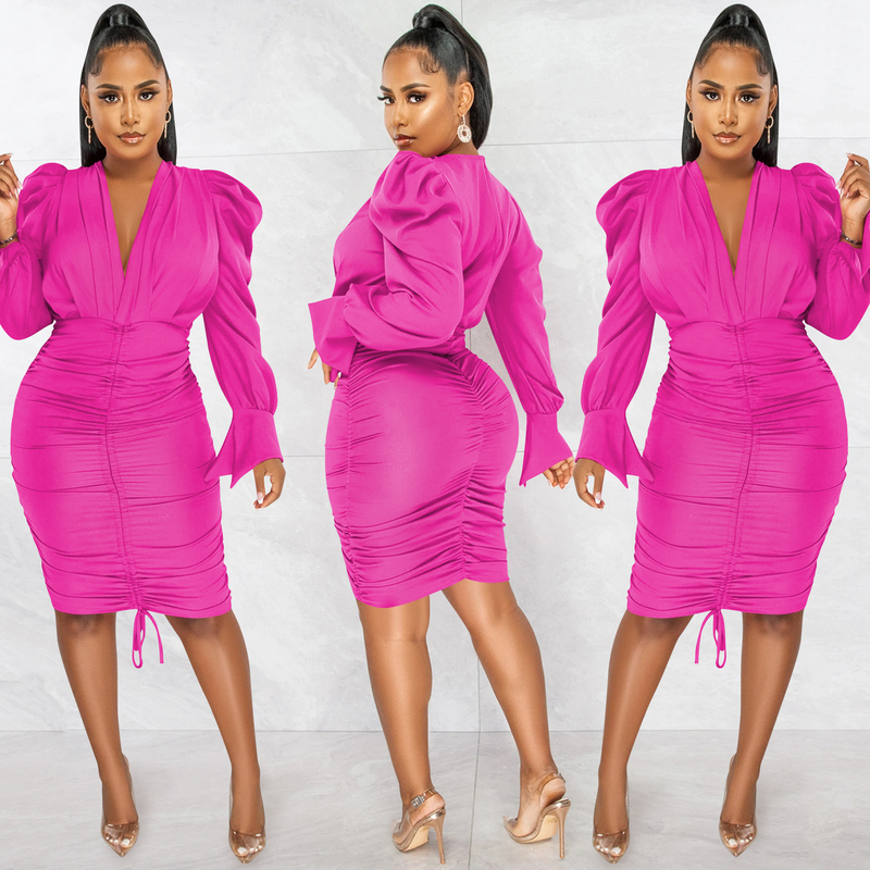 Women's Clothing fashion casual solid color long-sleeved pleated V-neck dress for women_autovado.com