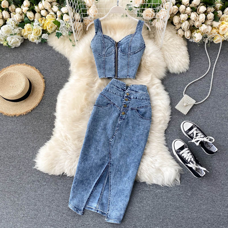 Women Sexy short camisole vest high waisted denim skirt_autovado.com