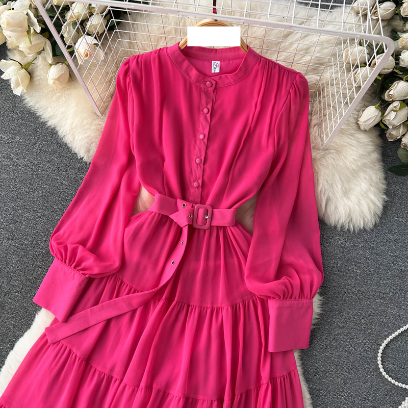 Women's V-neck Single Breasted Chiffon French Vintage Waist Slimming Big Swing A-line Long Skirt_autovado.com
