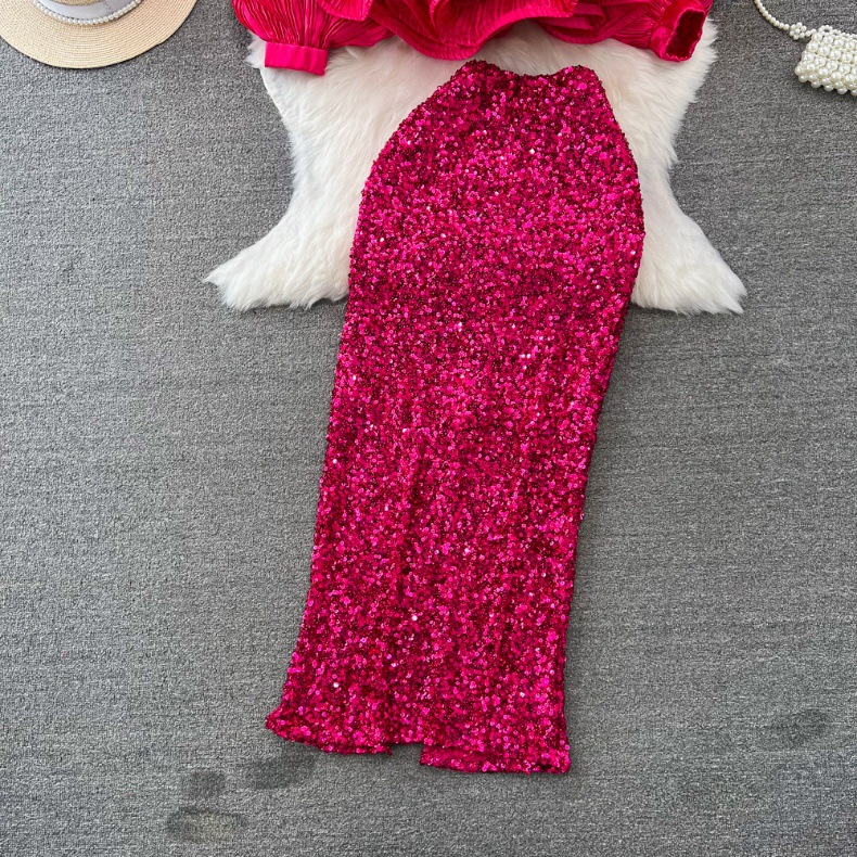 Women's fashion set female socialite temperament lantern long sleeve V-neck lotus leaf bright face shirt women's high waist sequin skirt_autovado.com