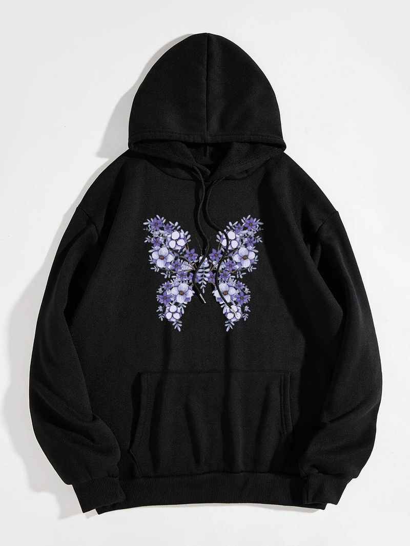 Women's Hoodie Long Sleeve Hoodies & Sweatshirts Printing Pocket Casual Flower Butterfly_autovado.com