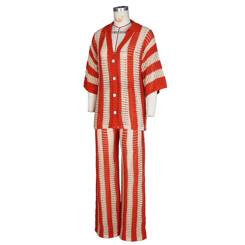 Women's Clothing sexy ladies V-neck hollow striped lapel knitted wide pants suit_autovado.com