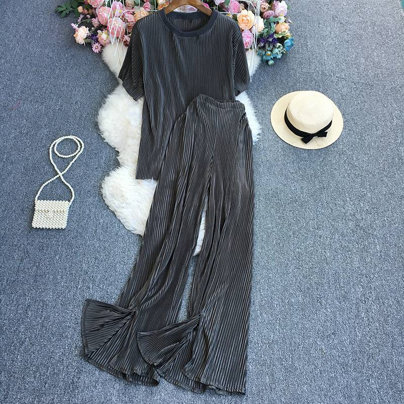 Women's Fashion Clean Color Shirt Two-piece Set Of High Waist Vertical Vertical Wide Leg Pants_autovado.com