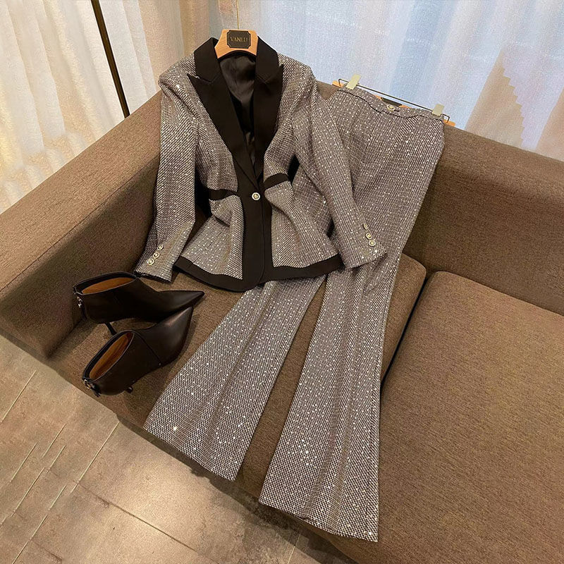 Women's Clothing large size women's plaid color matching suit women's spring new style temperament slim high waist flared pants_autovado.com