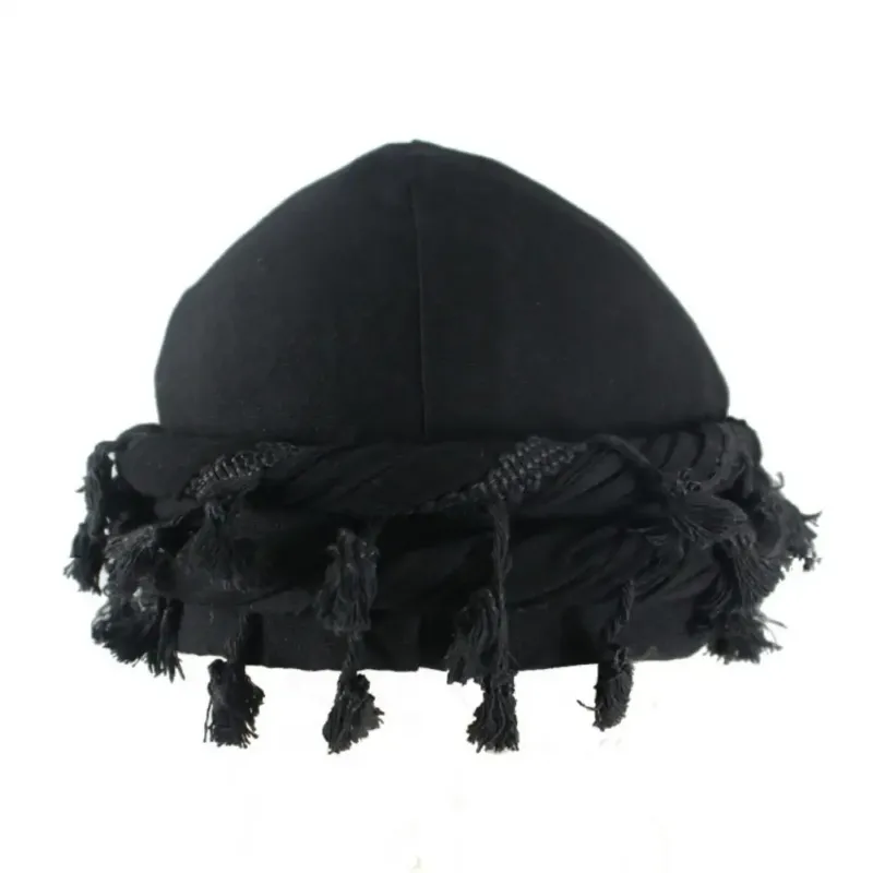 Hot Sale 2024 Men Punk Burr Trim Twisted Tail Fringe Cotton Bandana Hop Turban Hats Head Wrap Beanie Cap Solid Color Docker Hat_autovado.com