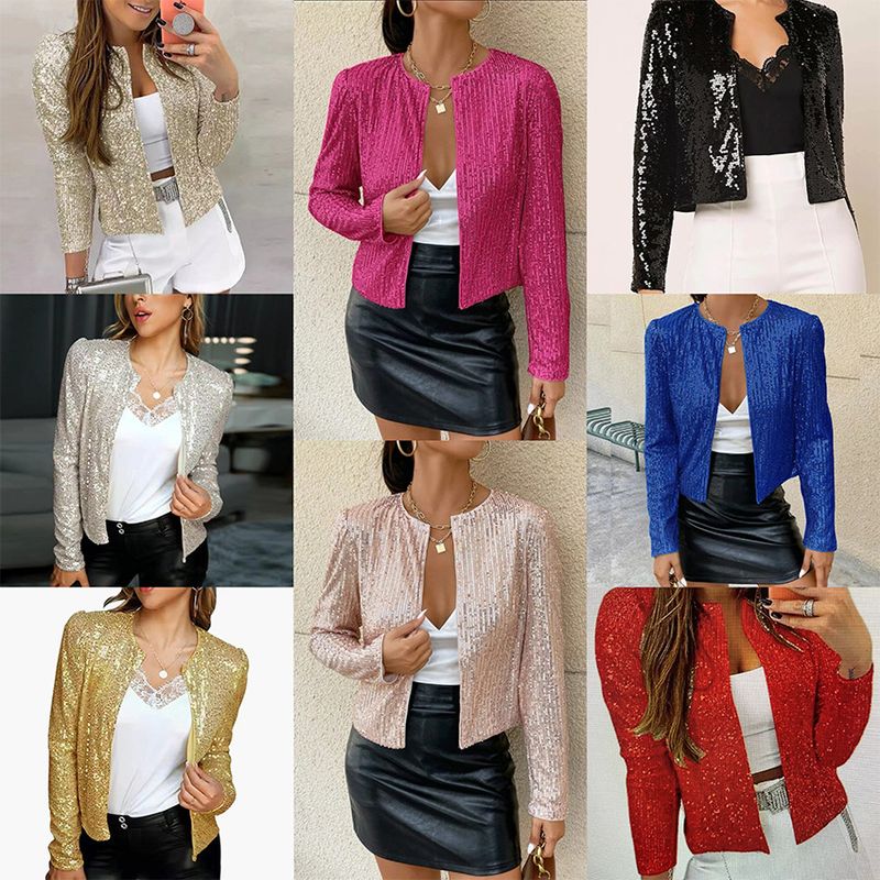 Women's round neck long-sleeved solid color cardigan casual versatile sequined jacket_autovado.com