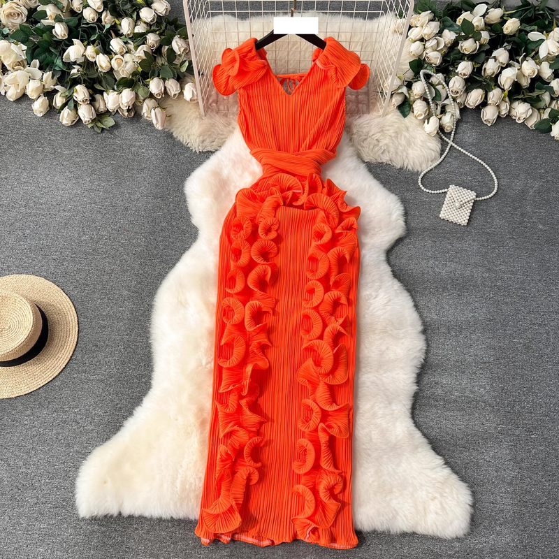 Women's Banquet high-end dress high-end light luxury niche pleated three-dimensional ruffled slim long temperament dress for women_autovado.com