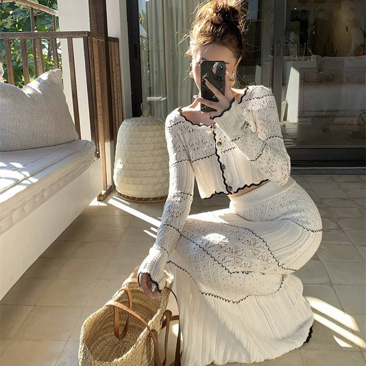 Women's Clothing hollow knitted top skirt two piece suit fashionable and age reducing temperament early spring wear a complete set_autovado.com