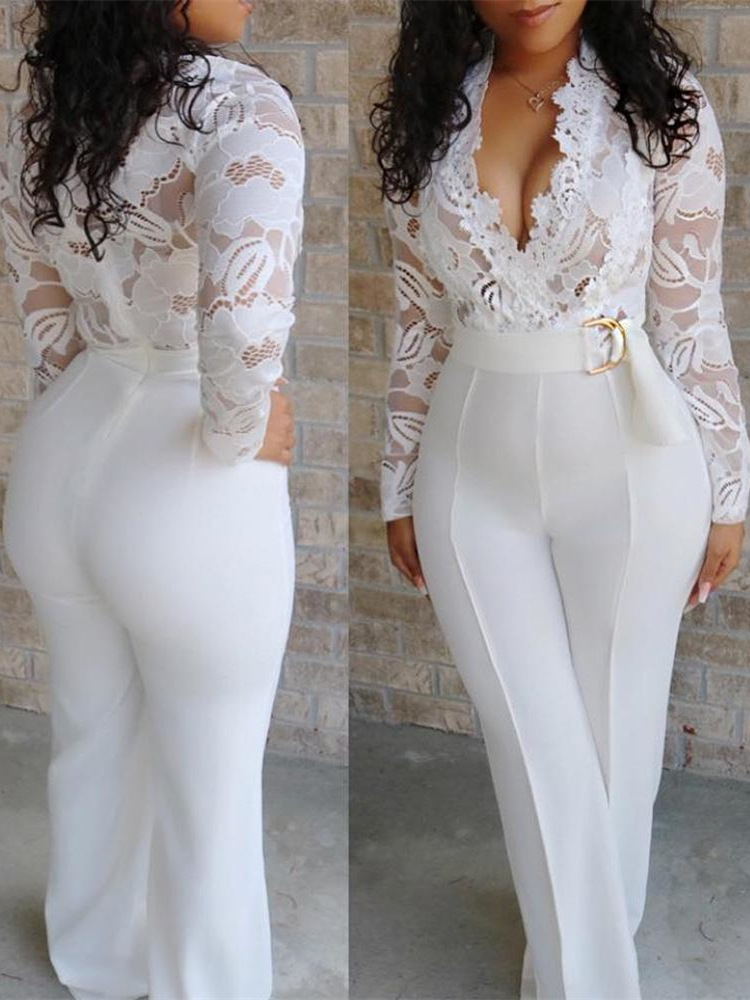 Women's sexy deep v white see-through lace splicing jumpsuit _autovado.com