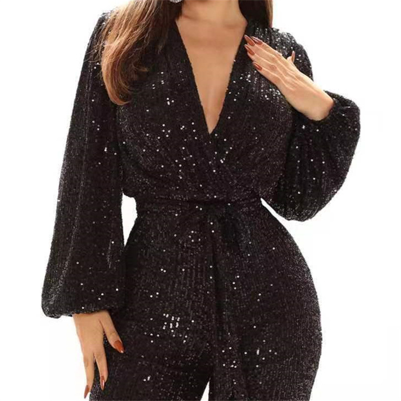 Women's sequined jumpsuits, sexy V-neck wide-leg trousers_autovado.com