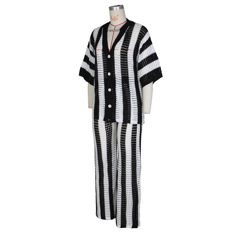 Women's Clothing sexy ladies V-neck hollow striped lapel knitted wide pants suit_autovado.com