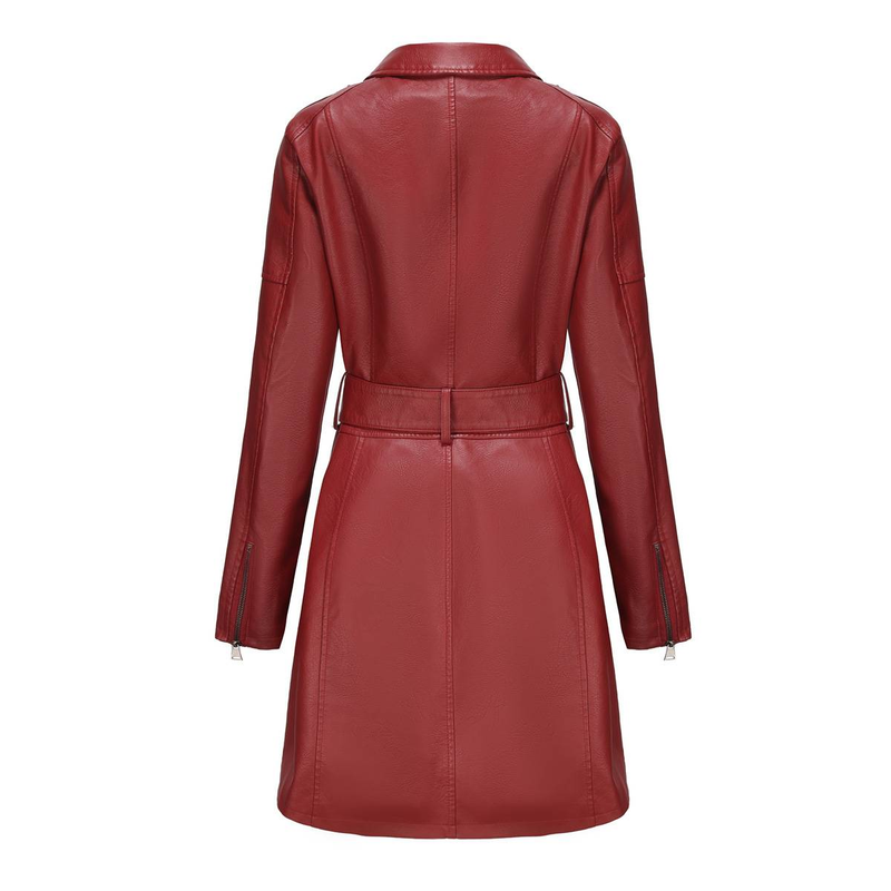 New mid-length leather coat with belt long-sleeved leather trench coat fashionable coat woman_autovado.com