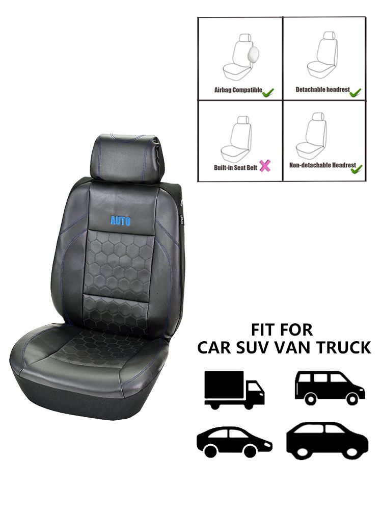 Two front car seat covers black football embroidery PVC splicing black PVC three-dimensional pressure line_autovado.com
