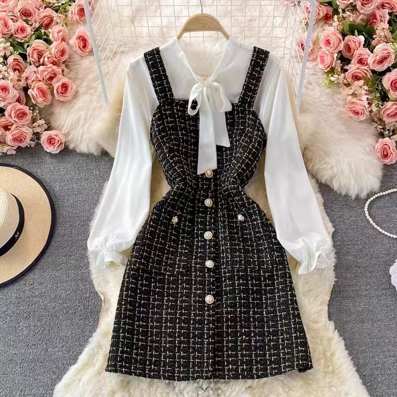 Women's temperament bow tie shirt two-piece suit tweed plaid suspender dress_autovado.com