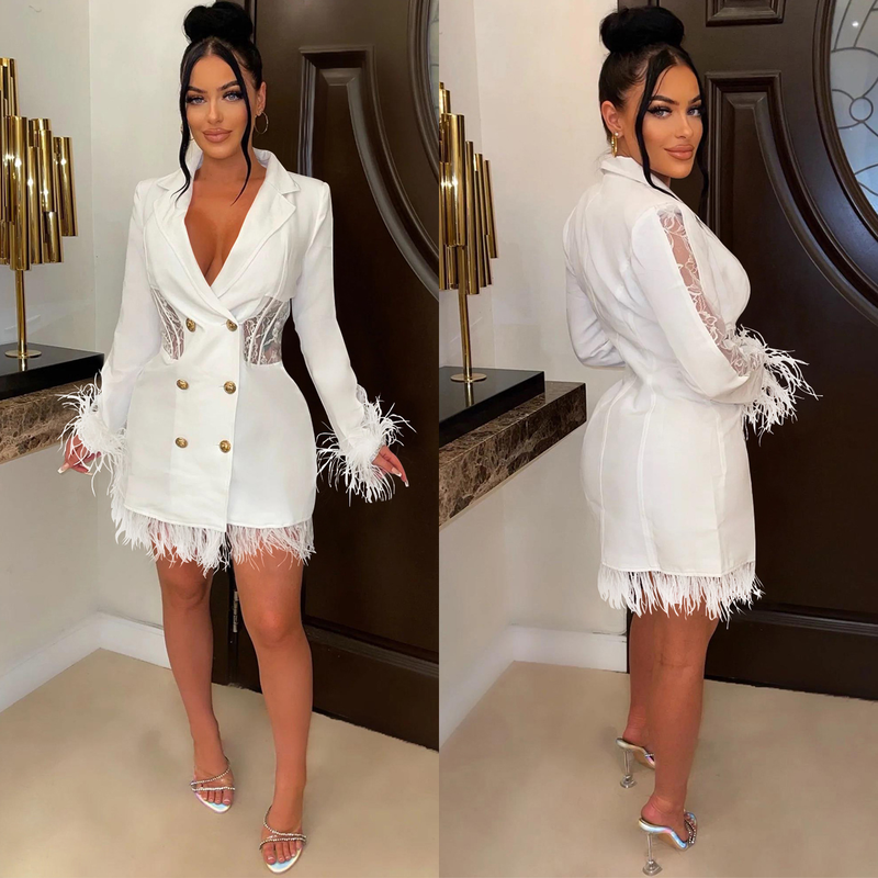 Women's fashion women's V-neck long-sleeved double-breasted tassel openwork dress_autovado.com