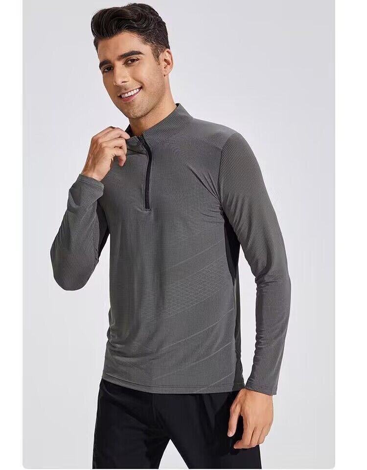 Men's Clothing Dark Pattern Quick-Drying Clothes Long-Sleeved T-Shirt Stand-Up Collar Polo Fitness Sports Running Breathable Tide_autovado.com