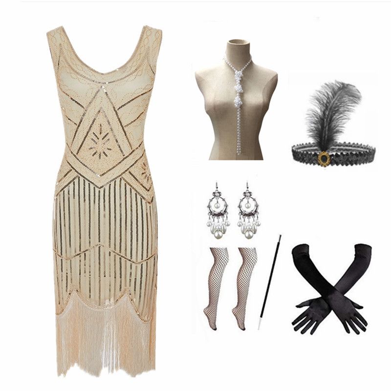 1920s retro prom party evening dress handmade beaded sequin tassel dress_autovado.com