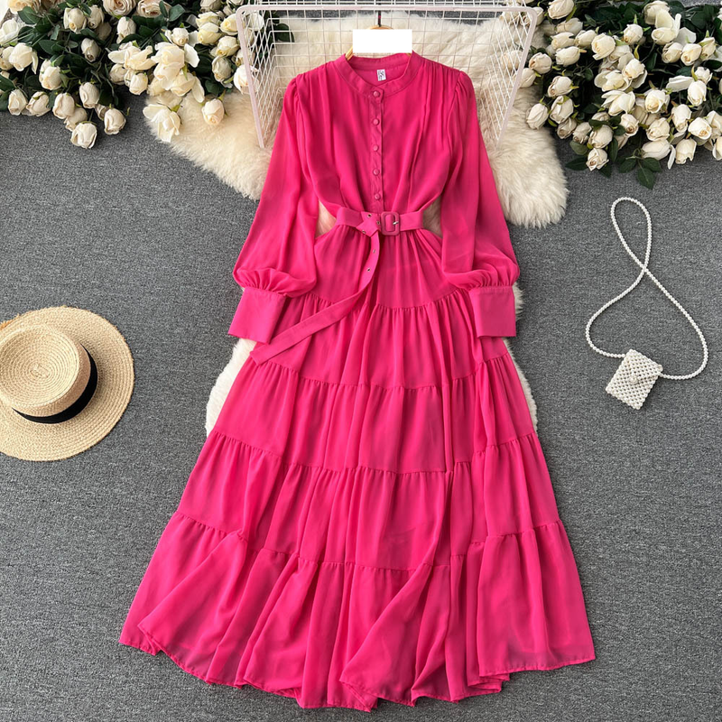 Women's V-neck Single Breasted Chiffon French Vintage Waist Slimming Big Swing A-line Long Skirt_autovado.com