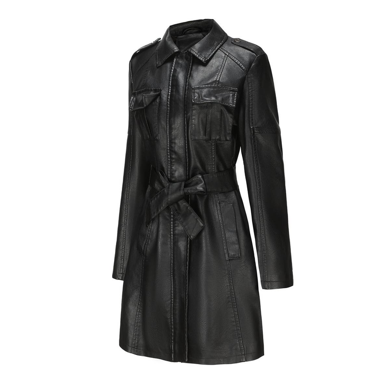 New mid-length leather coat with belt long-sleeved leather trench coat fashionable coat woman_autovado.com