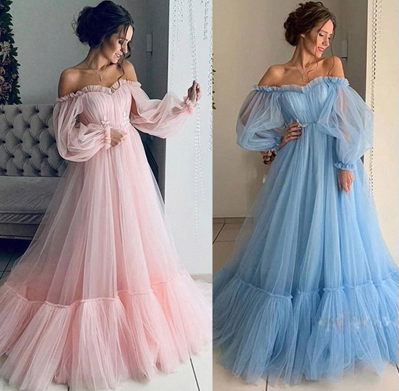 Women's 2023 off-the-shoulder mesh long sleeve wedding dress large hem dress Bridal Wear_autovado.com