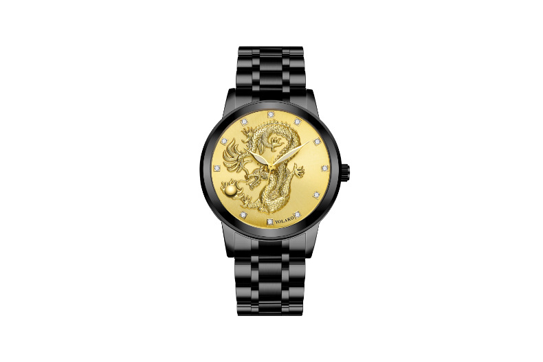 Men's Quartz Watch Men's Watch Diamond Yellow Gold Luminous Waterproof Steel Belt Relief Dragon Totem Watch_autovado.com