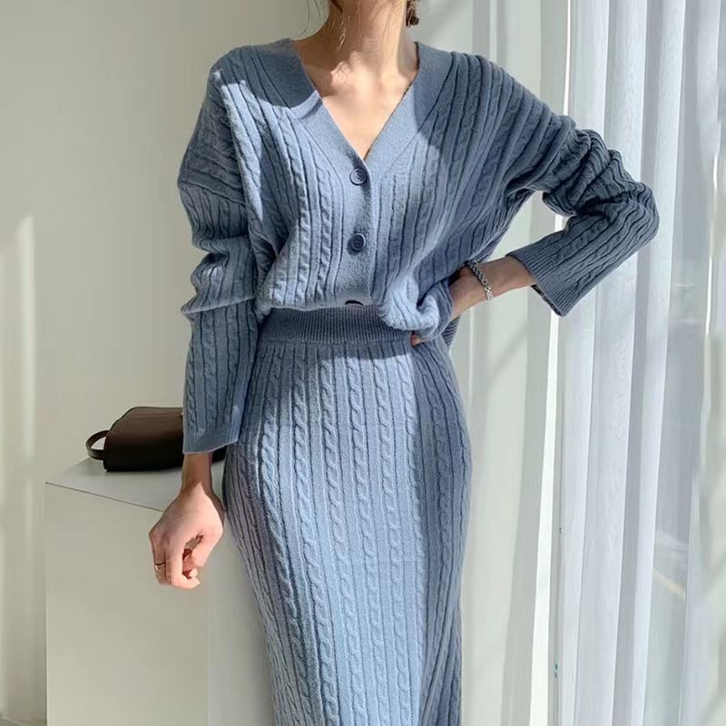Women's Clothing elegant V-neck linen pattern knitted cardigan sweater + high waist sheath skirt_autovado.com