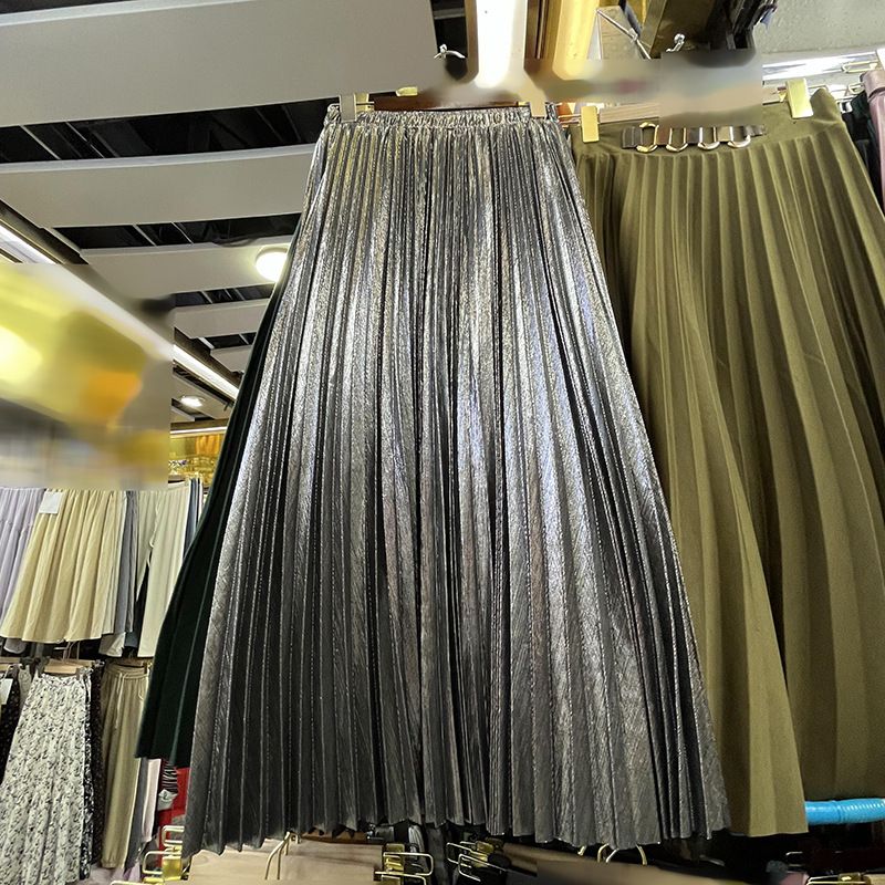 Women's Clothing autumn new high end metallic shiny silk pleated skirt high waist A line long skirt for women_autovado.com