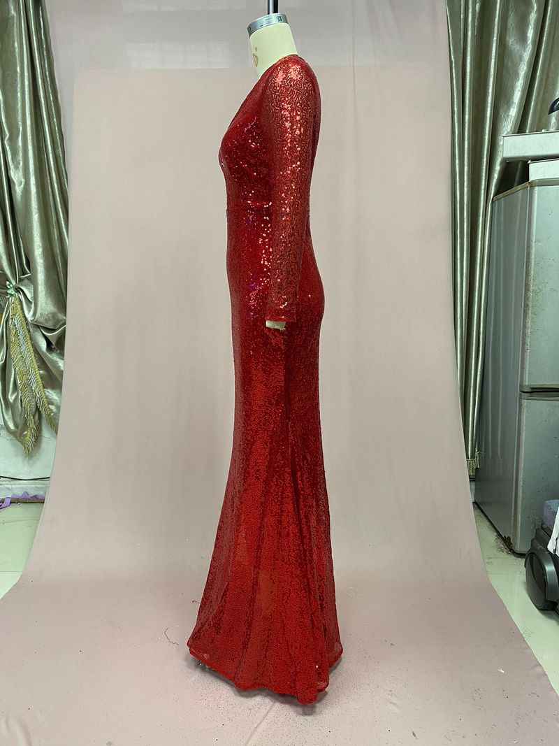Women's Clothing Women's Dress Fishtail Edge Red Sparkling Long Sleeve V-neck Dress Long Skirt_autovado.com