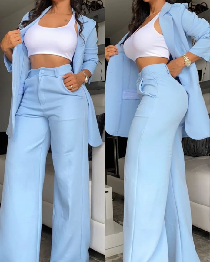 women's Clothing, Elegant And Solid Color Split Sleeve Lapel Suit With Pockets And Straight Pants Suit_autovado.com