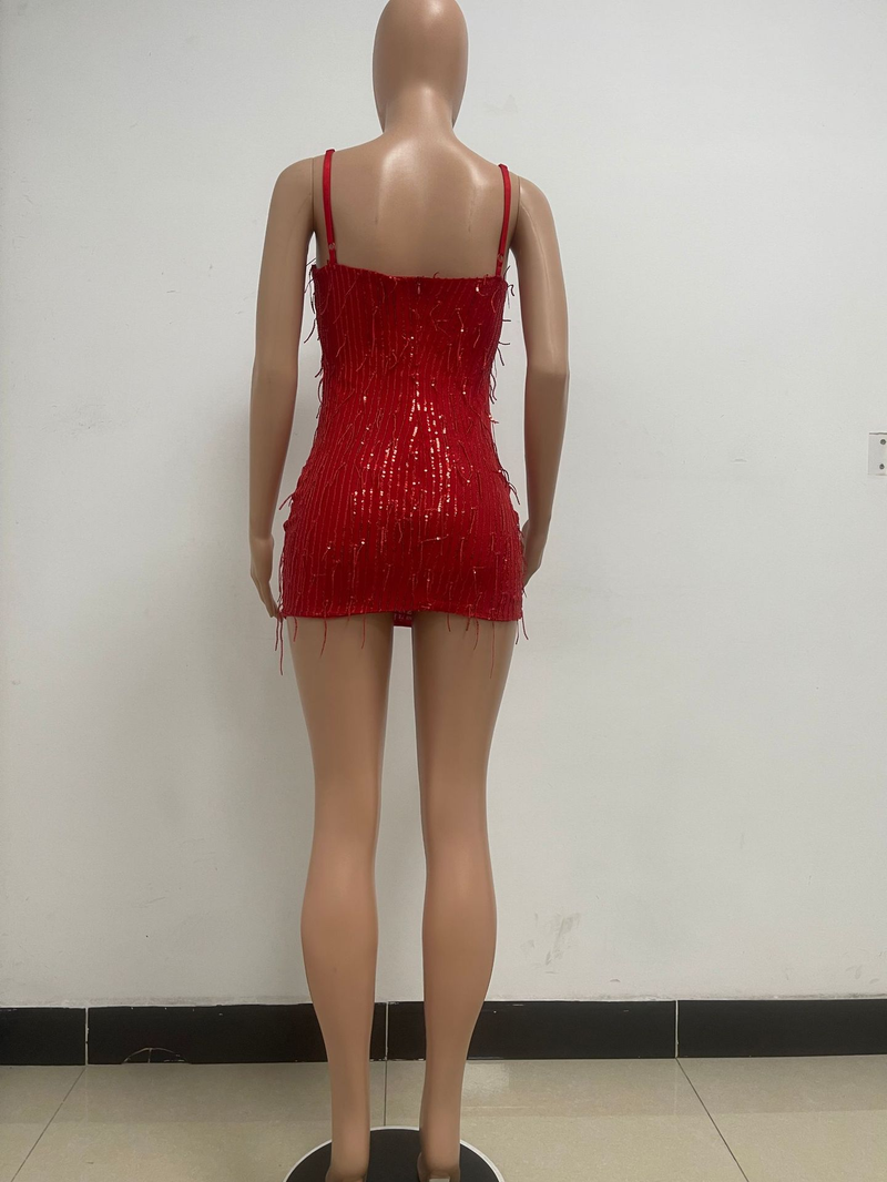 Women's deep V sleeveless hot girl hip-hugging dress mesh sequined tassel suspender skirt_autovado.com