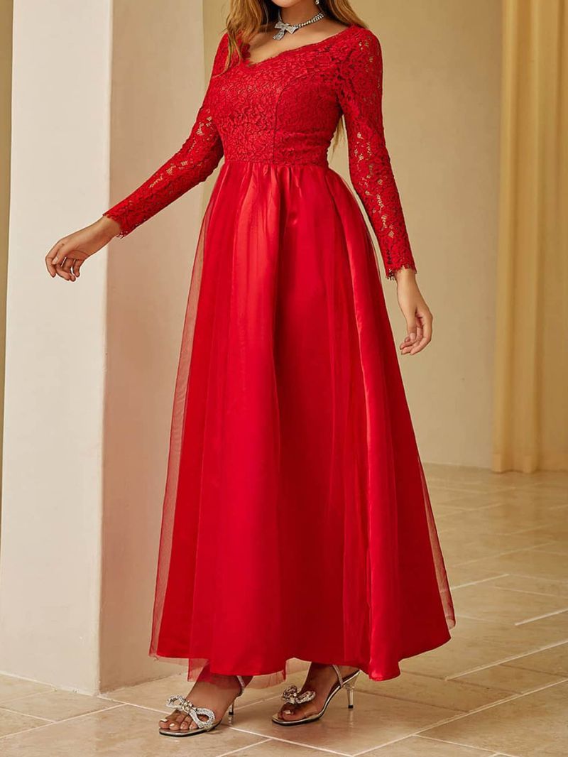 Women's new clothing mesh lace long sleeve wedding wedding dress red evening dress_autovado.com