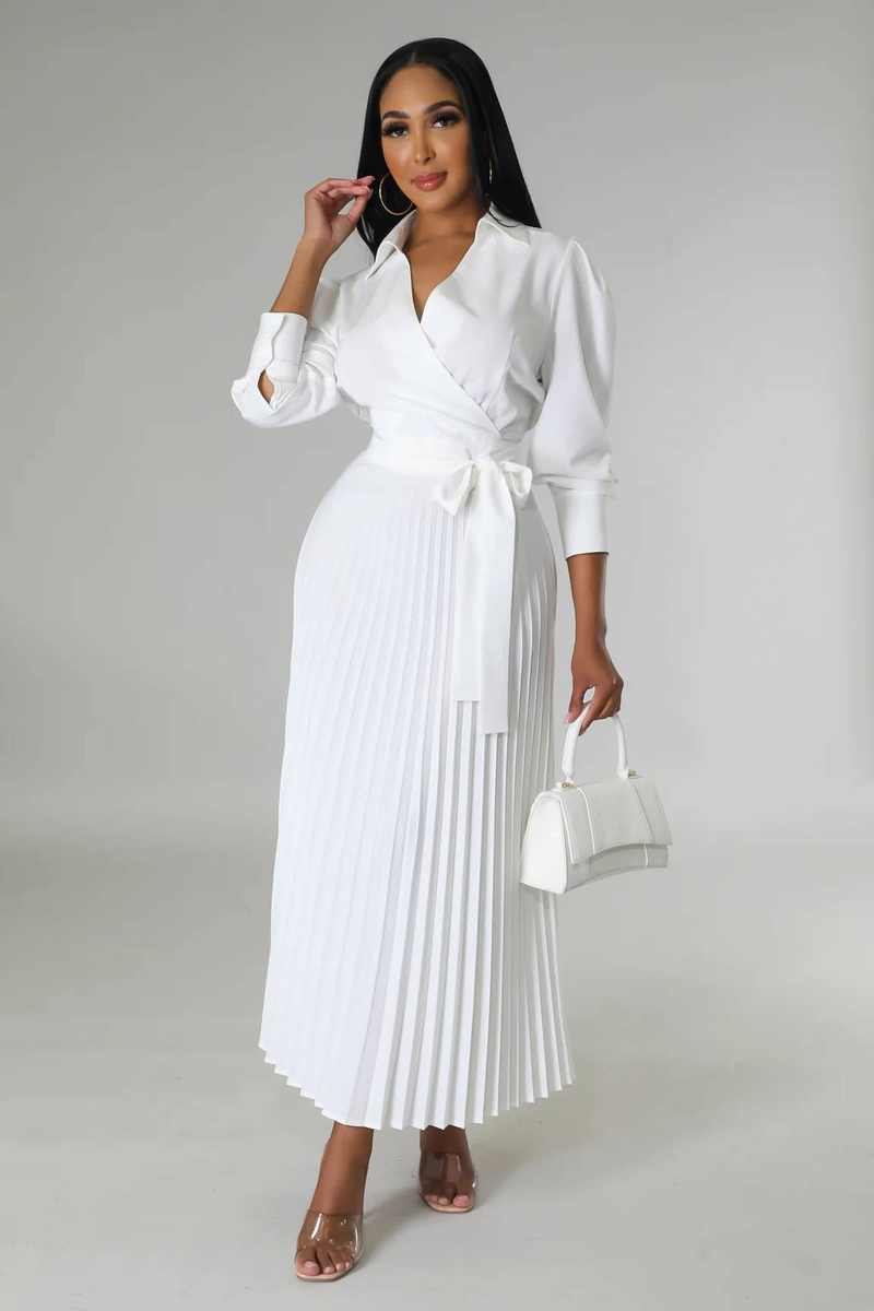 Long sleeved Polo collar high waist fashion casual pleated women's dress_autovado.com