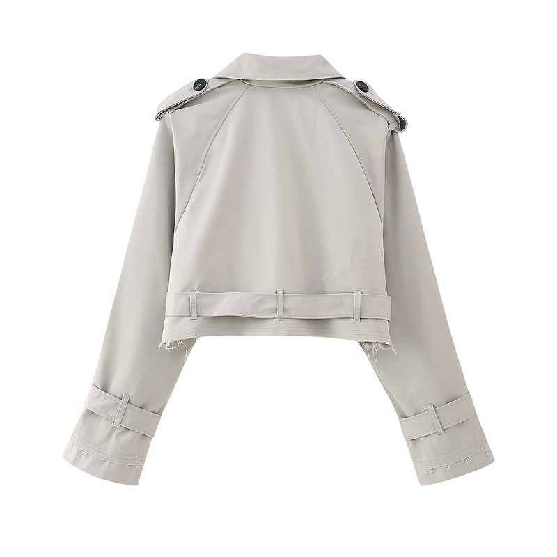 New women's European and American style belted long sleeved short casual windbreaker jacket_autovado.com
