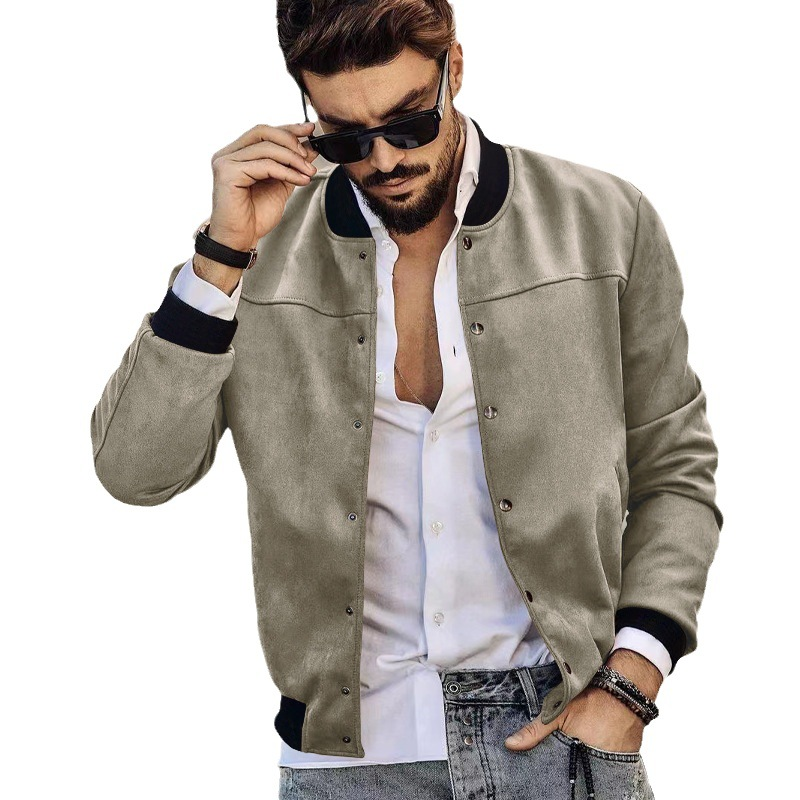 Man's clothing Suede stand collar men's button-up cardigan jacket casual trendy coat for men_autovado.com