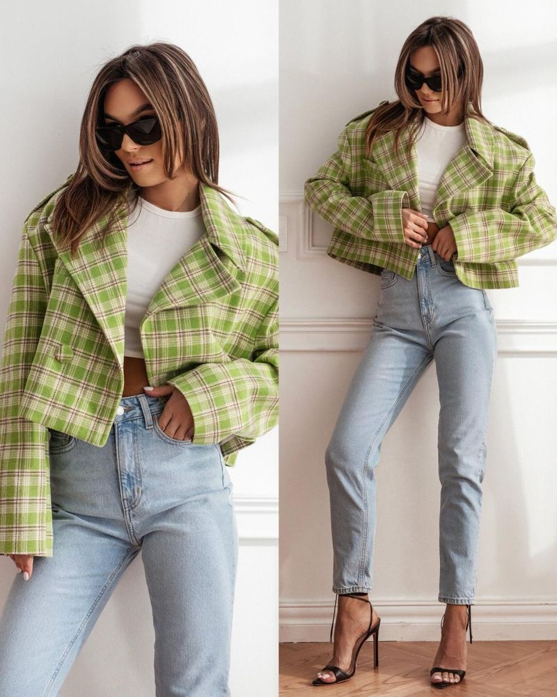 Women's Clothing New 2024 Fashion Suit Collar Plaid Printed Wool Coat_autovado.com