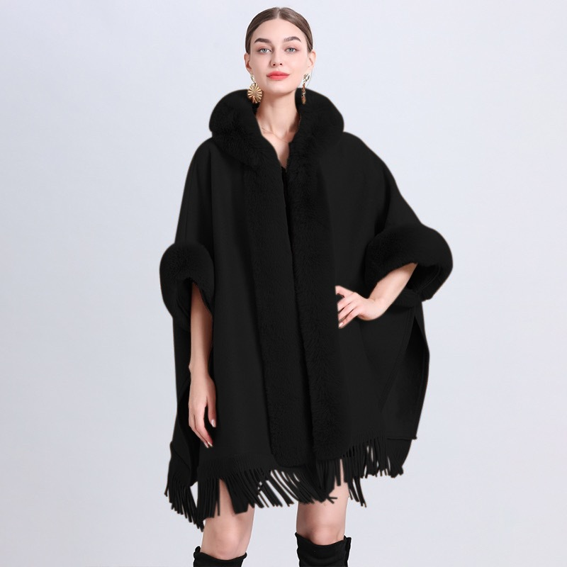 loose plaid plus velvet thick fur collar knitted shawl cape women's woolen shawl coat_autovado.com