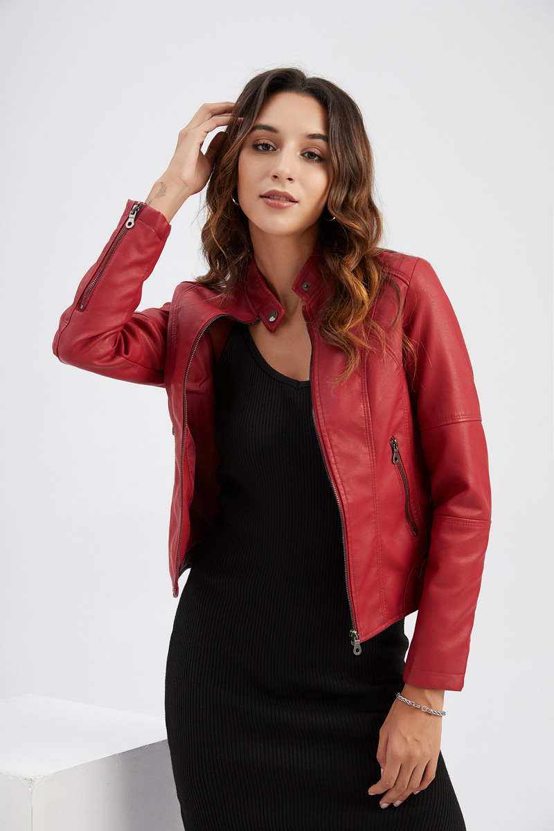 Women's slim jacket Jacket Women's biker jacket large size standing collar leather jacket_autovado.com