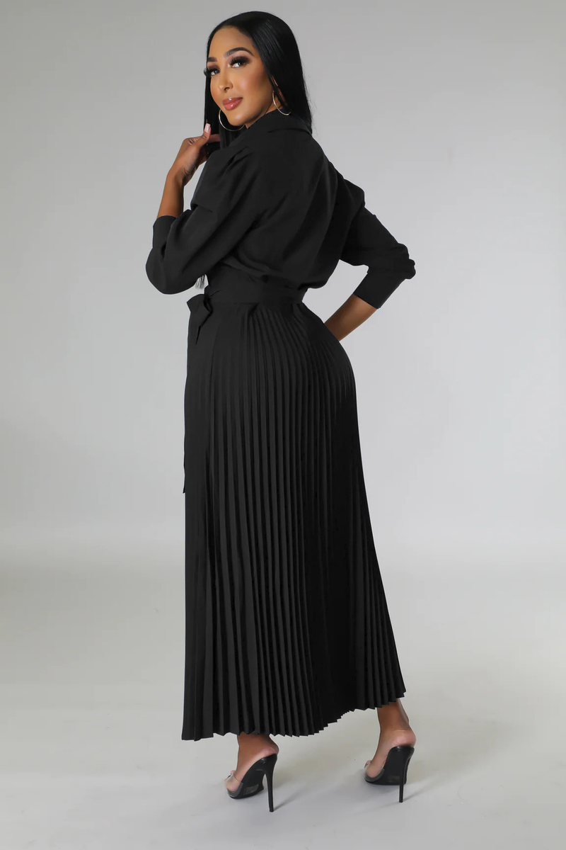 Long sleeved Polo collar high waist fashion casual pleated women's dress_autovado.com