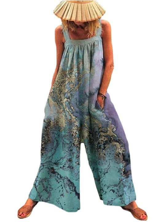 Women's 2023 Summer New Large Fashion Print Loose Strap Wide Leg Jumpsuit_autovado.com
