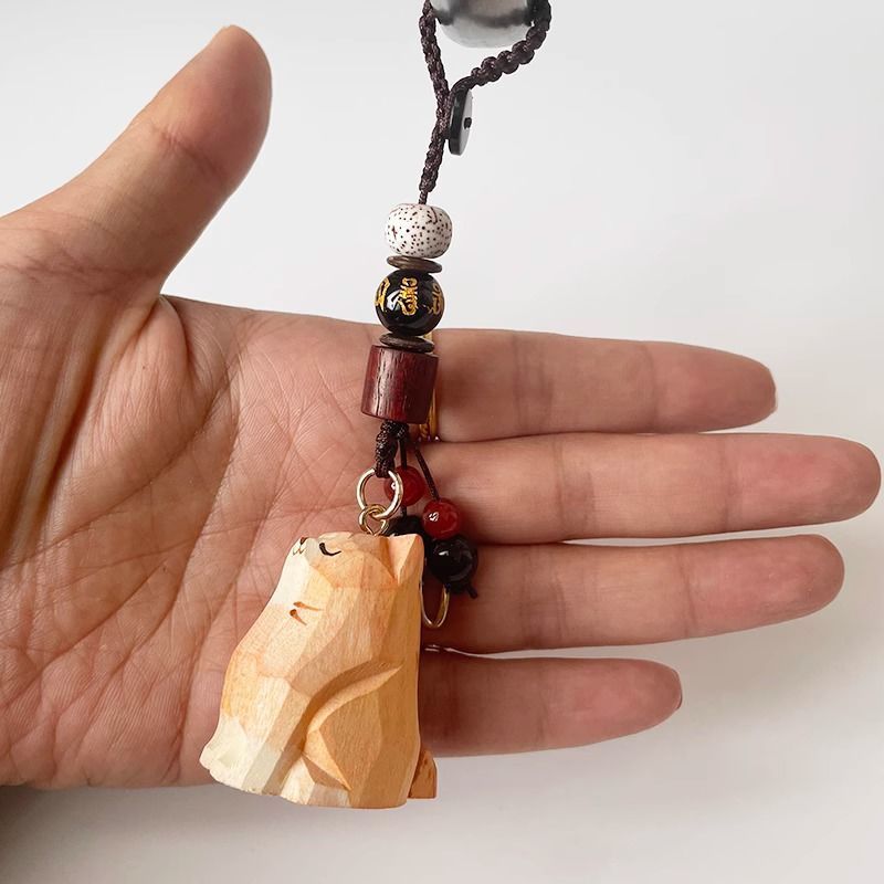 Hand Carved Wood Carved Orange Cat Shiba Inu Mi Ping An Six Character Mantra Woven Keychain Chain Ring Car Schoolbag Pendant Ornament_autovado.com