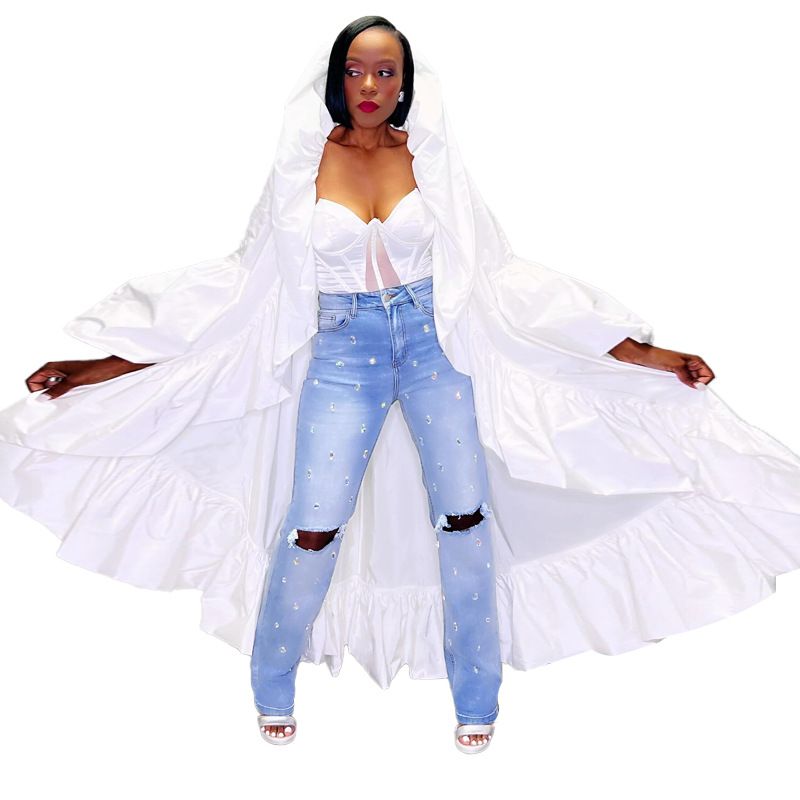 Women's Clothing new women's long windbreaker autumn new solid color ruffled shawl coat_autovado.com