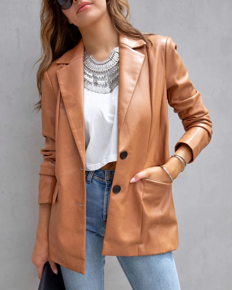 Women's Clothing Street Style Pure Color Casual Fashion Three color Leather Jacket _autovado.com