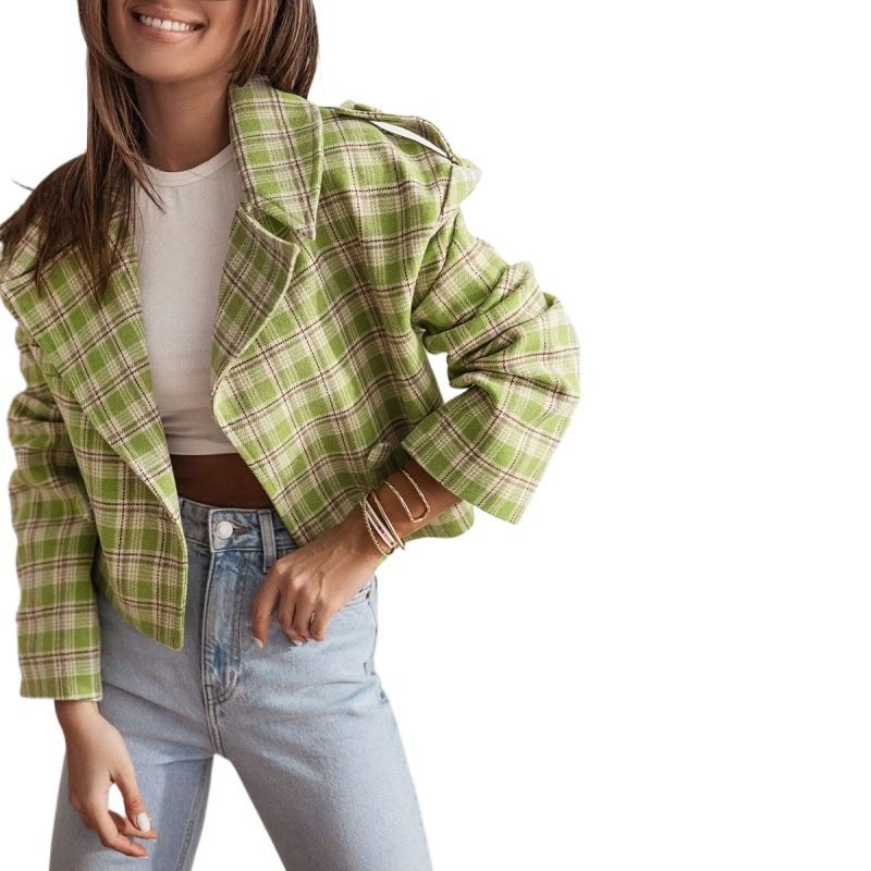 Women's Clothing New 2024 Fashion Suit Collar Plaid Printed Wool Coat_autovado.com
