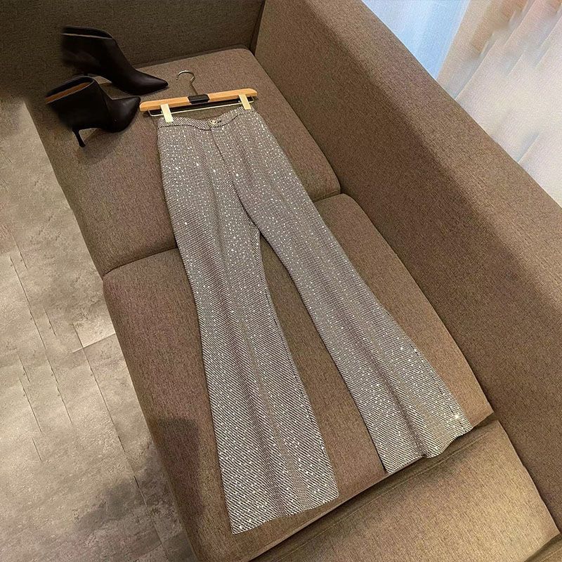 Women's Clothing large size women's plaid color matching suit women's spring new style temperament slim high waist flared pants_autovado.com
